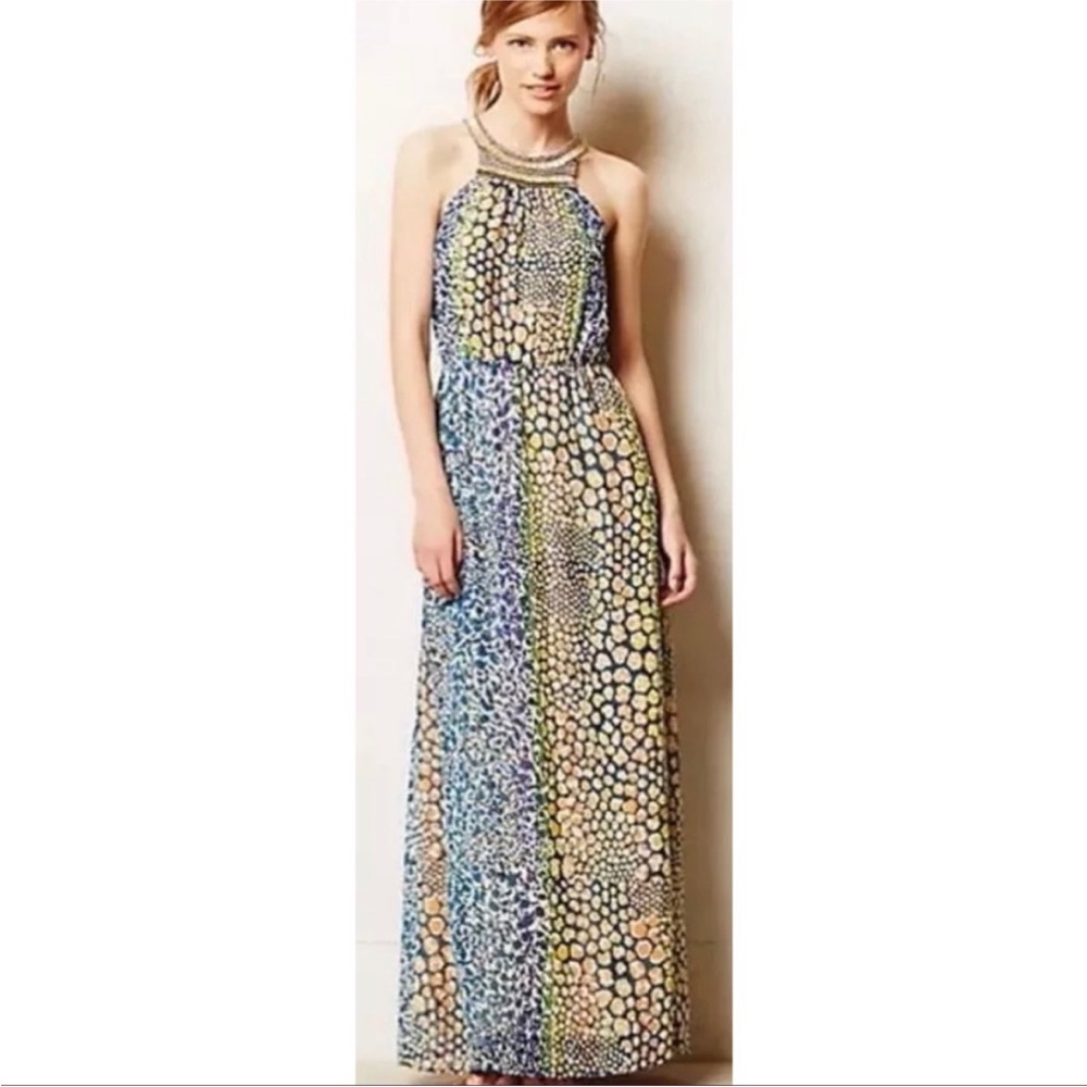 Anthropologie Blue and Brown Halter Maxi Dress for Weddings